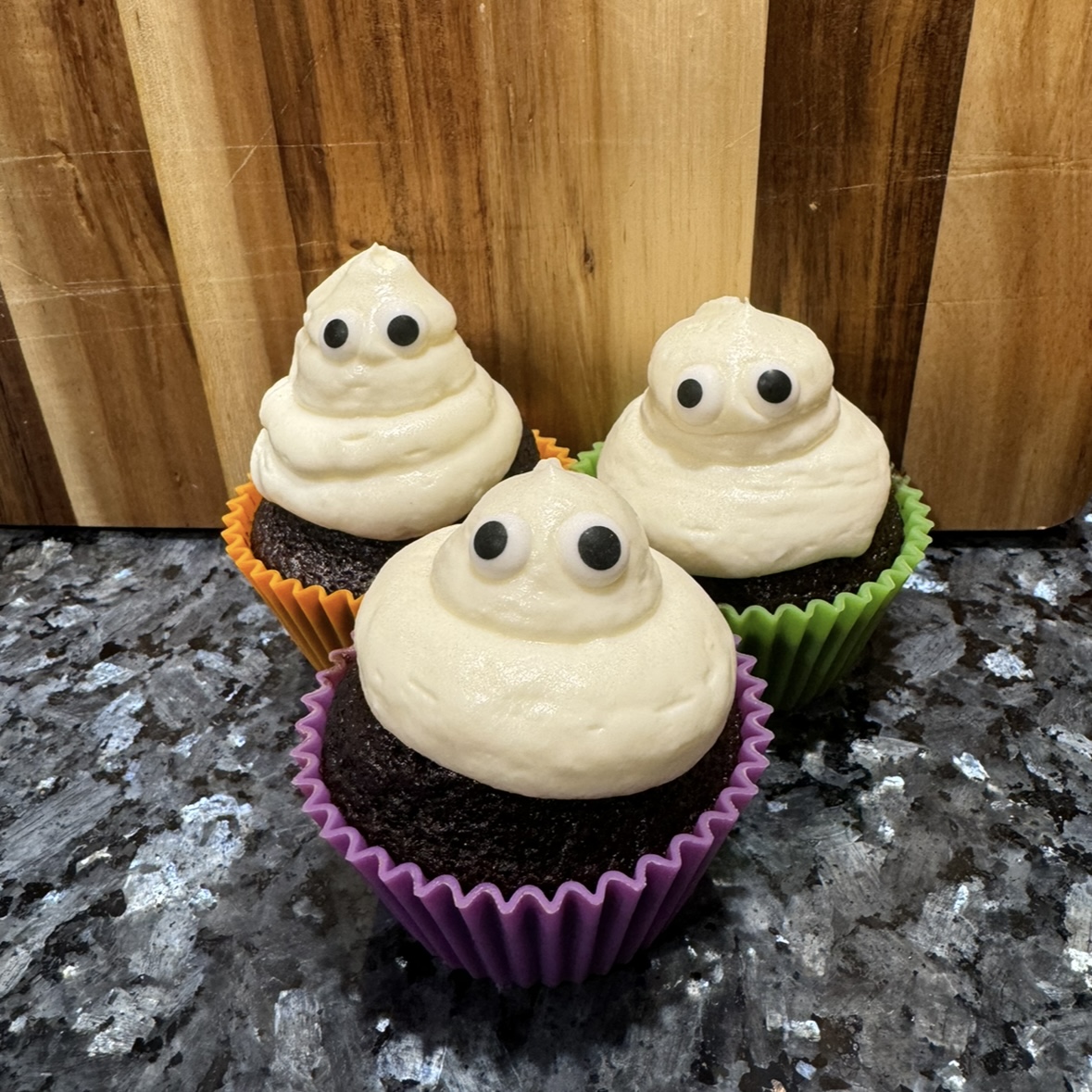 Chocolate Cupcakes with Whipped Cream Icing (Spooky Edition!)